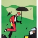 Tavola 4: Descrizione: Al centro dell'opera un uomo con vestito elegante e cappello rosso cammina tenendo nella mano sinistra un ombrello aperto. il cielo color verde ha grandi nuvole, ombrelli piovono lontani. in lontananza vediamo delle abitazioni